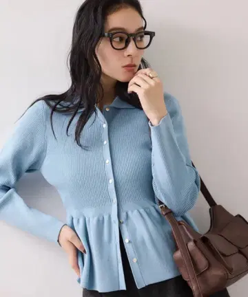 VIS [ 세탁 가능 ] 카라 부착 페플럼 가디건 블루