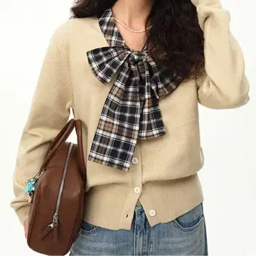 Fano Studios 체크 무늬 보타이 리본 니트 가디건 S