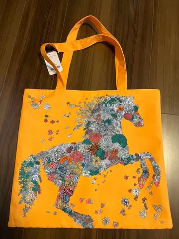 말 자수 오렌지 토트백 새틴 에코백