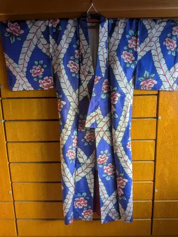 앤티크 기모노 메이센 다이쇼 로망 파란색 꽃무늬