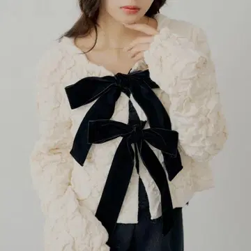 [ SALON by Chico ] 앞뒤 2way 프론트 리본 배색 가디건