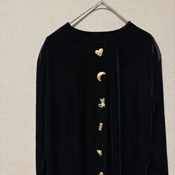 쇼와 레트로 벨로아 블라우스(F) 블랙 골드 버튼 개성파 버블리
