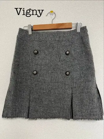 Vigny 박스 플리츠 트위드 미니 스커트 M 프린지 울 100%