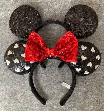 디즈니 머리띠 스팽글 하트 리본 블랙 미키미니 페어
