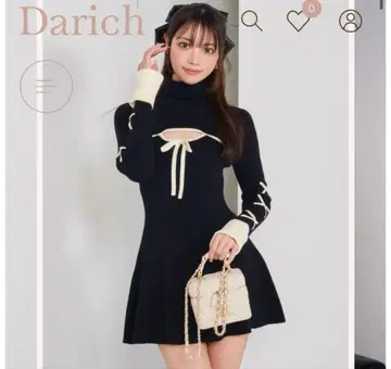 Darich 바이컬러 리본 디자인 니트 미니 원피스