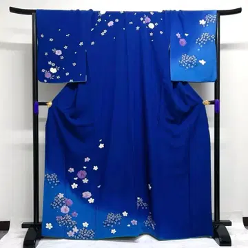 호몬기 매화 벚꽃 꽃잎 그라데이션 블루 무늬 없는 기모노 043k d