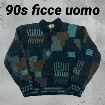 90s ficce uomo 기하학 패턴 울 피케 셔츠 니트 스웨터