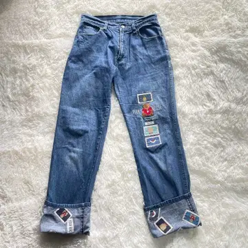 핑크 곰돌이 자수&와펜 데님 롤업 팬츠