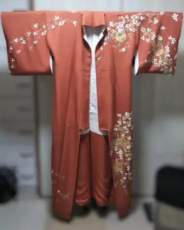 호몬기 순수 실크 기모노 적갈색 가지 미니 꽃무늬
