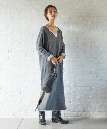 그레이 V넥 티셔츠 롱 원피스