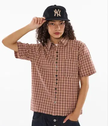 WISH FOR EVER 레드 체크 짧은 반팔 셔츠 S 사이즈