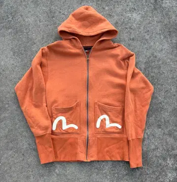 초레어 evisu 오렌지 프론트 지퍼 후드티 S 짧은 기장
