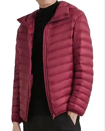 후드 부착 버건디 다운 자켓