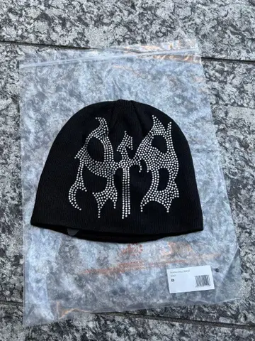 블랙 AFB 비니 스톤 장식 니트 모자 F 사이즈