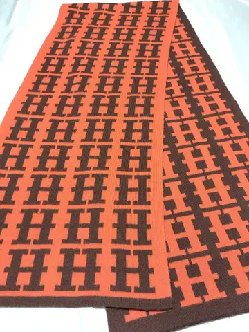 오렌지 브라운 H 로고 니트 머플러 대형 160cm