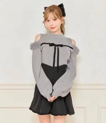 apres jour 프론트 리본 니트탑 차콜 그레이 F