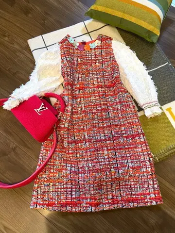 Chesty 프린지 슬리브 플라워 트위드 원피스