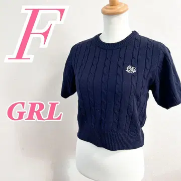 GRL 그레일 네이비 반팔 니트 스웨터 F 자수 로고 아크릴 100%