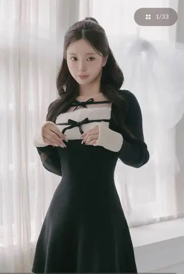 Darich 리본 퍼 플레어 니트 미니 원피스