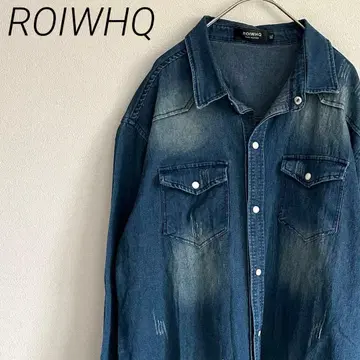 ROIWHQ 데님 셔츠 긴팔 가슴 포켓 데미지 가공 심플 빅