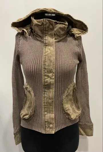 브라운 니트 밀리터리 자켓 후드 부착