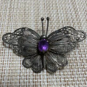 필리그리 은선 세공 은제 나비 브로치 앤티크