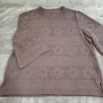 Leilian 레리안 브라운 시스루 니트 팔분 소매 상의 루즈한 사이즈