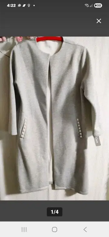 미사용 택 포함 포켓 펄 디자인 롱 코트 M ~L 그레이 계열