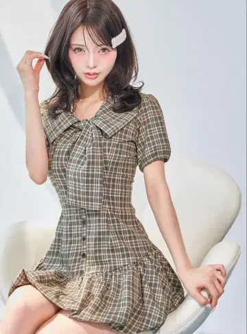 다리치 빅리본 벌룬 체크 미니 원피스