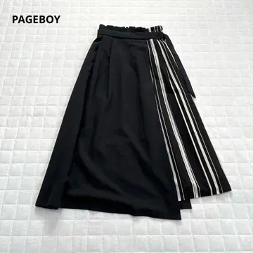 [ 페이지 보이 ] 플레어 스커트 개더 맥시 절개 스트라이프 F 블랙
