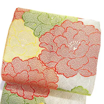 나고야 오비 세미 앤티크 모란 마름모 무늬 금실 은실 기모노 122tz