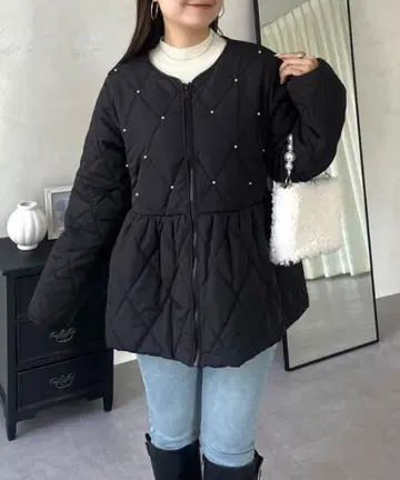 택 포함 새상품 프로즈 베일 퀼팅 펄 페플럼 블루종 M 사이즈