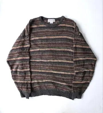 80's 빈티지 니트 스웨터 보더 무늬 어스 컬러 L 올리브 계열