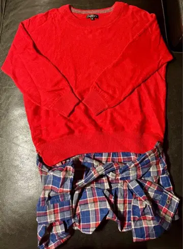 INDIVI 빨간색 긴팔 스웨터 체크 무늬 셔츠 포함