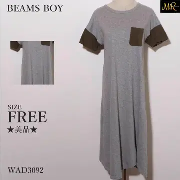 새상품급 BEAMS BOY 원피스 롱 기장 반팔 배색 절개 크루넥