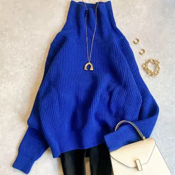 인기 라운지 드레스 울 터틀넥 리브 니트 파랑 로얄 블루