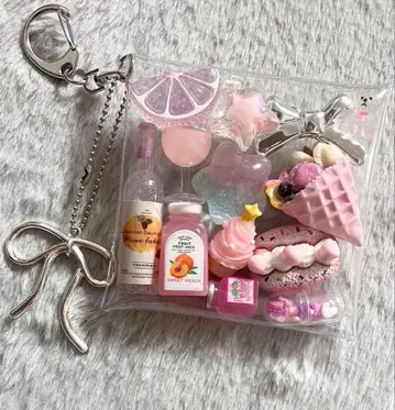 가챠 채우기 파우치 [ 미니미니 곰돌이 크레이프 클리어 핑크 계열 ]