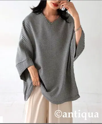 ANTIQUA 안티카 와이드 오버 상의 하운드투스 체크 패턴 V넥