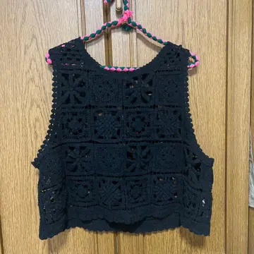 tumugu 블랙 크로셰 뜨개질 니트 베스트
