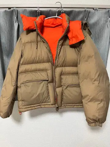 브라운/오렌지 후드 부착 다운 자켓