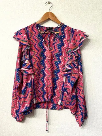 Diane Freis 핑크 패턴 프릴 상의 80's