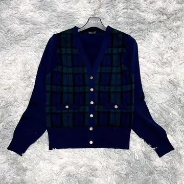 INED 9 체크 무늬 가디건 V넥 골드 버튼 오피스