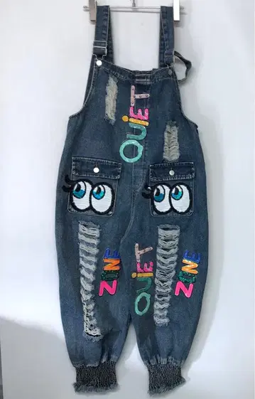 Y2K 키치 구제 의류 눈알 스팬 자수 데미지 가공 데님 오버롤