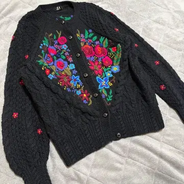 빈티지 가디건 꽃무늬 자수 빅 루즈 블랙 XL
