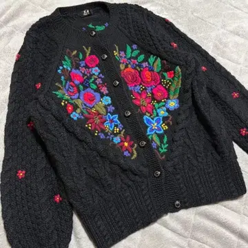 빈티지 가디건 꽃무늬 자수 빅 루즈 블랙 XL