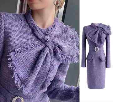 다부와와 퍼플 긴팔 원피스 비쥬 벨트 리본 프린지