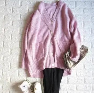 ROPE' 로페 고급 태즈메이니아 울 오버 사이즈 니트 가디건 핑크