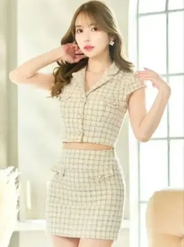 아이보리 체크 무늬 셋업