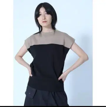 LASUD 베이지/블랙 컬러 블록 반팔 니트