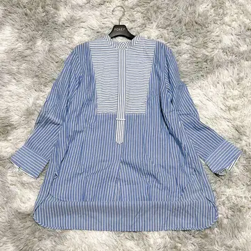 GEORGES RECH 40 스탠드 카라 튜닉 절개 스트라이프 파랑